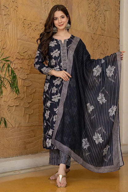 Cotton Flower Print Kurti Pant Set