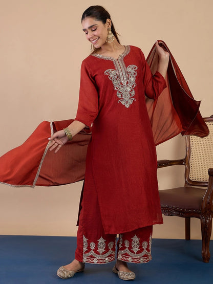 Rust Orange Embroidered Kurti Pant Set