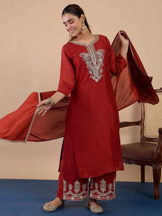 Rust Orange Embroidered Kurti Pant Set