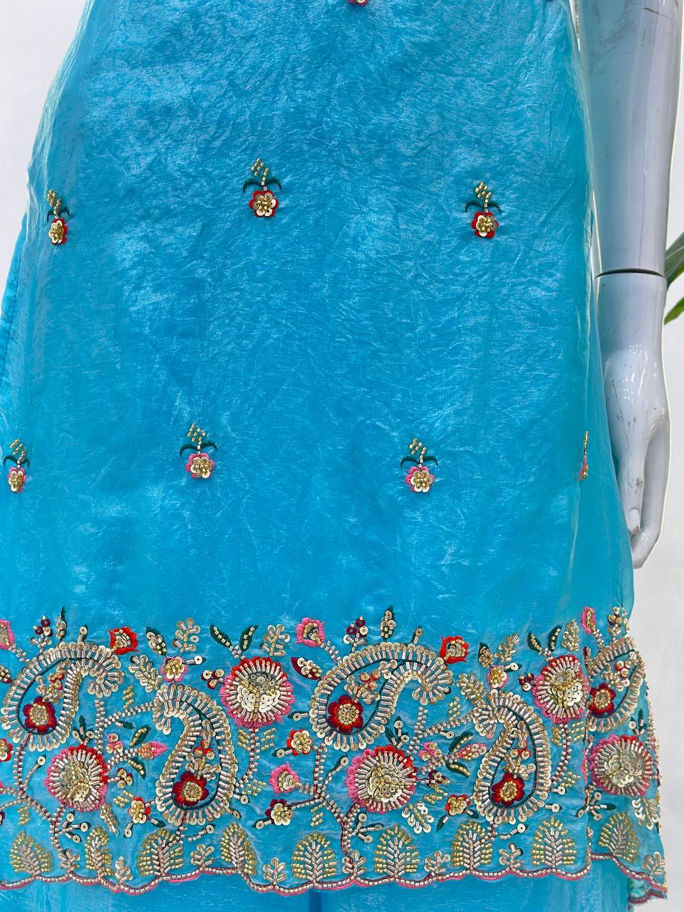 Sky Blue Beads And Sequin Embroidered Fendy Silk Kurti Set