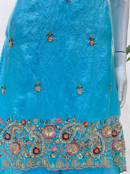 Sky Blue Beads And Sequin Embroidered Fendy Silk Kurti Set