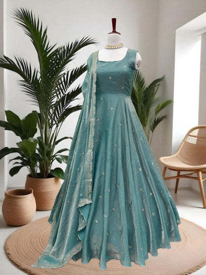 Elegance Fandy Satin Pastel Teal Anarkali Gown