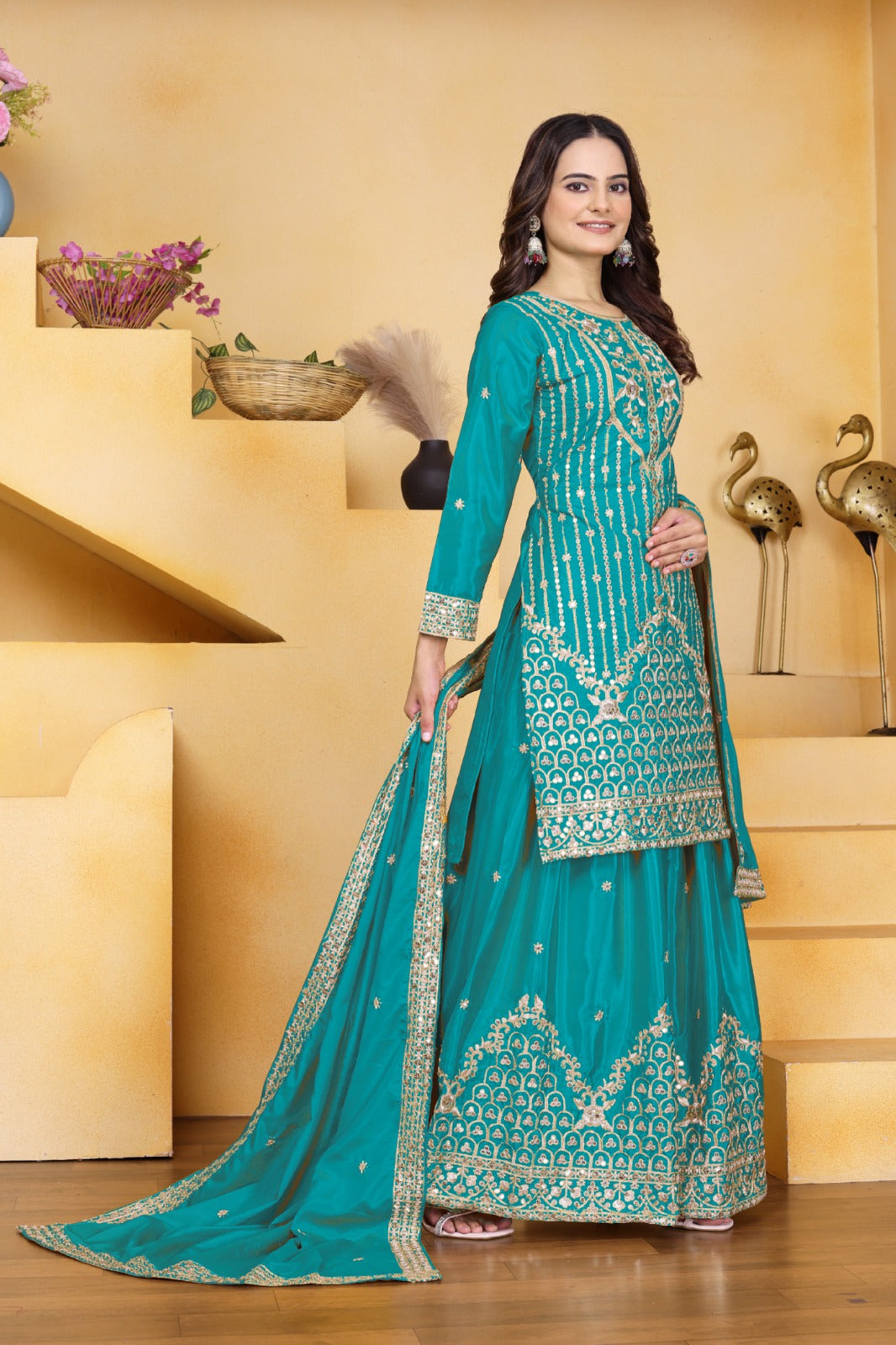 Sequence Embroidery Turquoise Sharara Suit Set