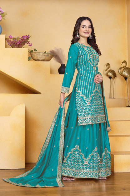 Sequence Embroidery Turquoise Sharara Suit Set