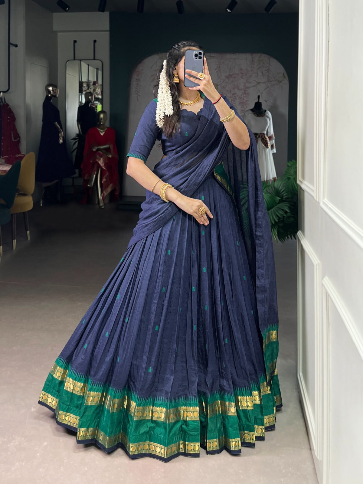 Navy Blue Zari Weaving Work Lehenga