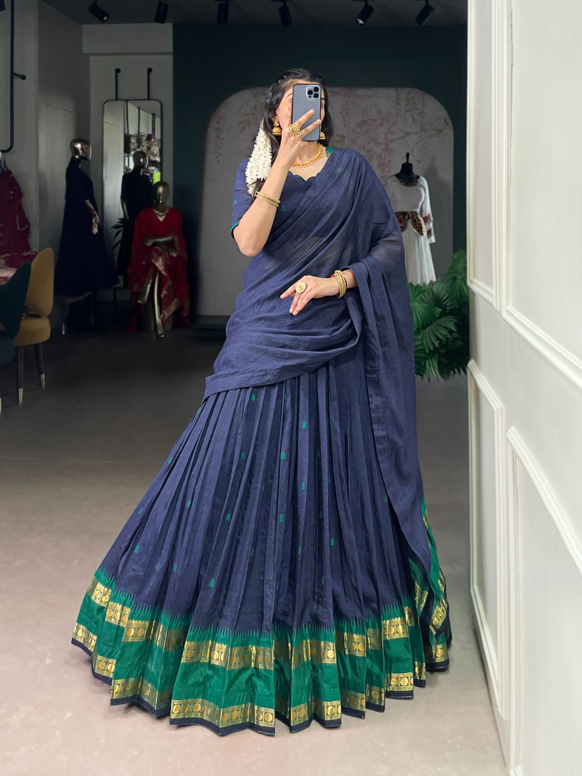 Navy Blue Zari Weaving Work Lehenga