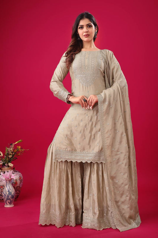 Heavy Chinon Silk Embroidery Work Beige Sharara Suit