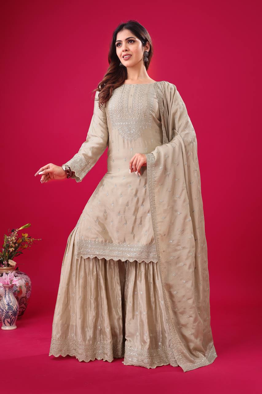Heavy Chinon Silk Embroidery Work Beige Sharara Suit