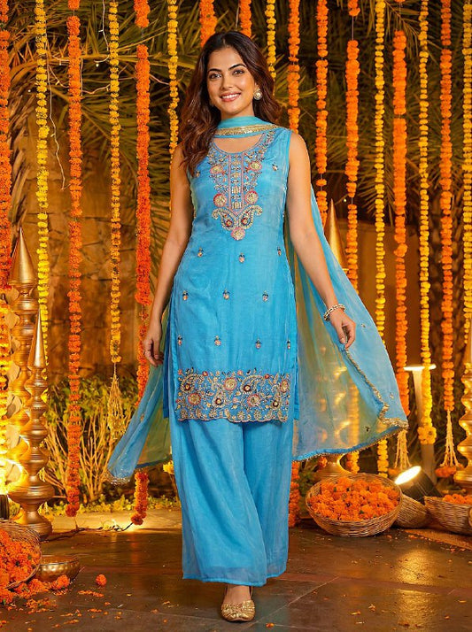 Sky Blue Beads And Sequin Embroidered Fendy Silk Kurti Set