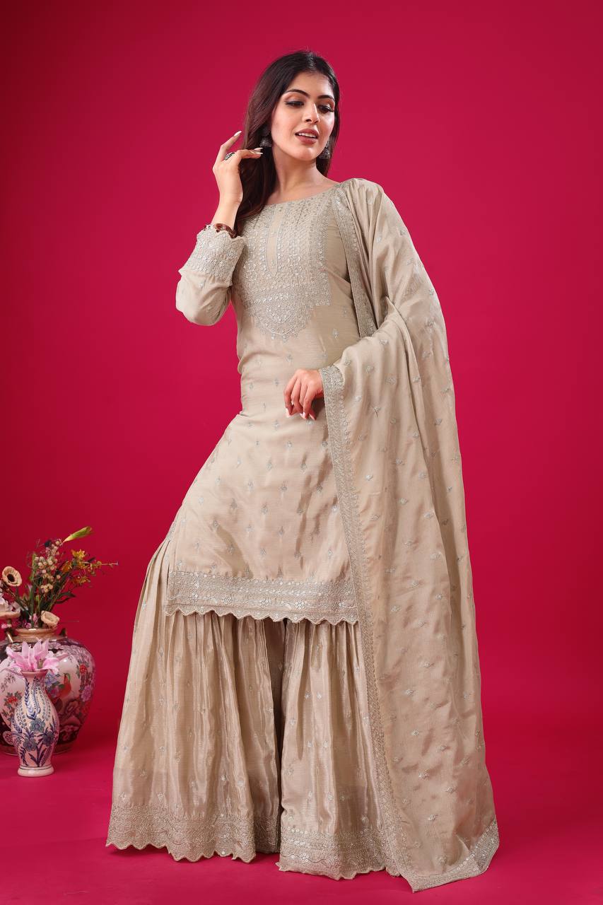 Heavy Chinon Silk Embroidery Work Beige Sharara Suit