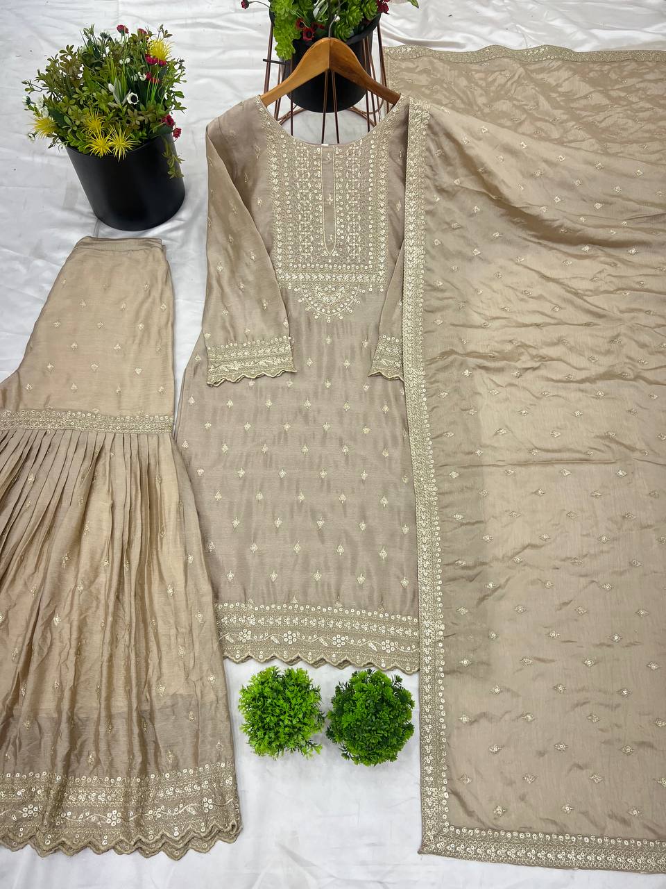 Heavy Chinon Silk Embroidery Work Beige Sharara Suit