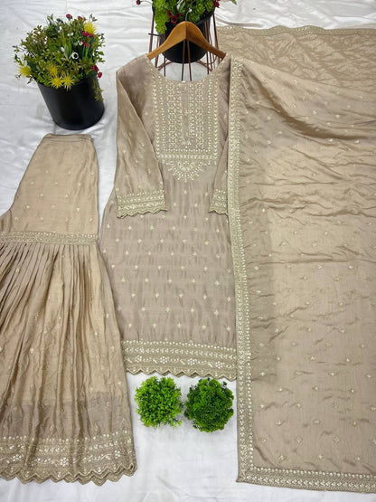 Heavy Chinon Silk Embroidery Work Beige Sharara Suit