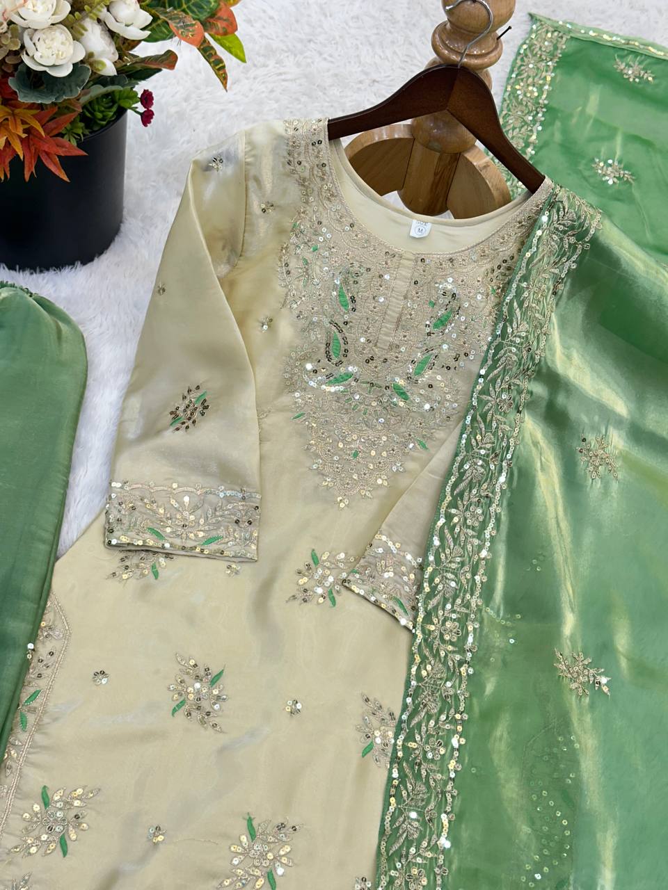 Full Sleeve Embroidered Kurti Palazzo with Dupatta