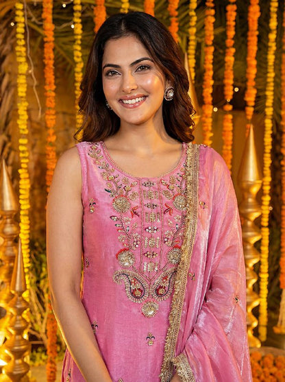 Pink Fendy Silk Kurti Set with Embroidered Dupatta