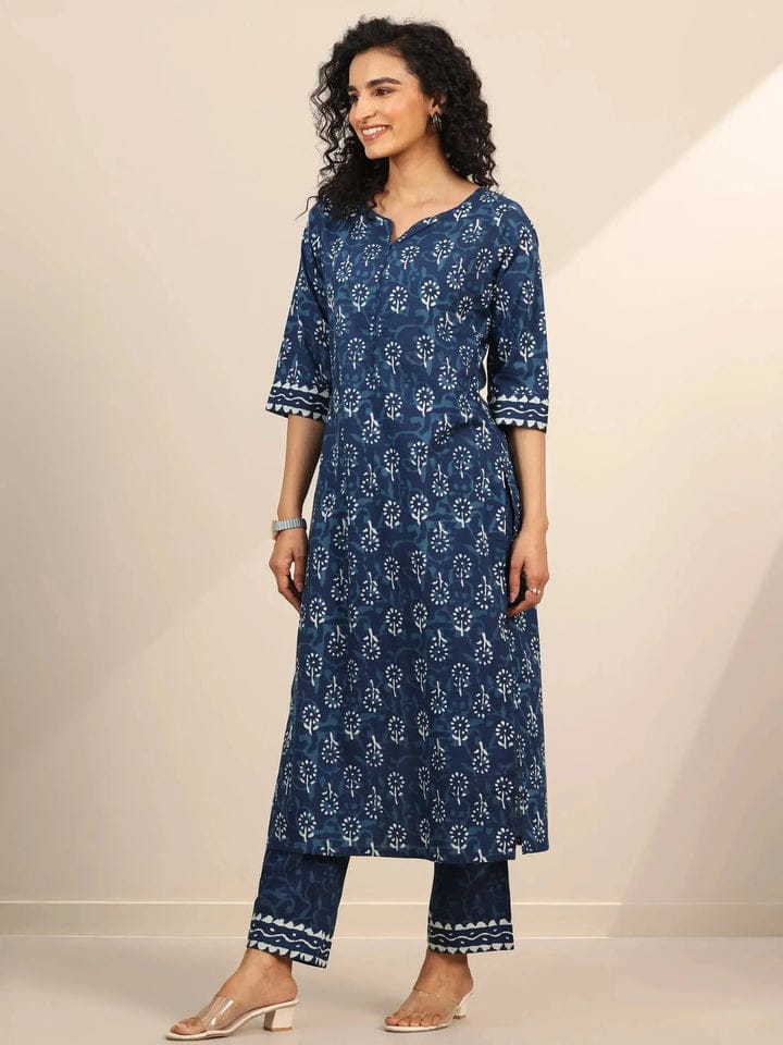 Navy Blue Cotton Printed Kurti Pant Set