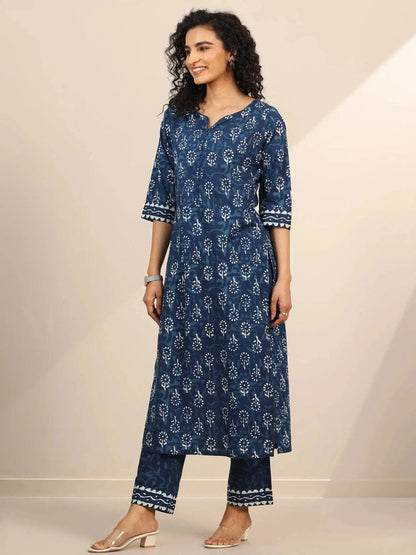 Navy Blue Cotton Printed Kurti Pant Set