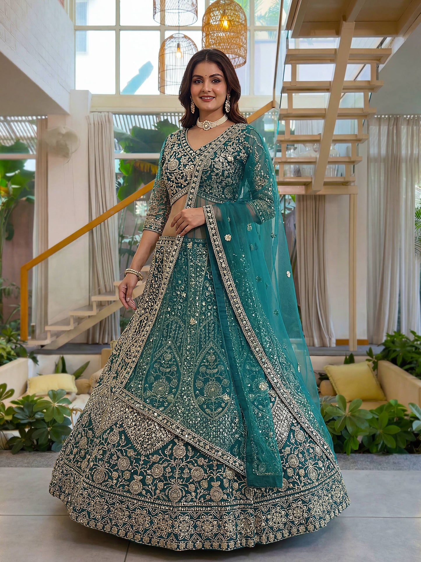 Teal Green Wedding Lehenga Choli with Intricate Embroidery