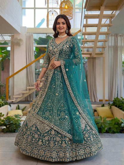 Teal Green Wedding Lehenga Choli with Intricate Embroidery