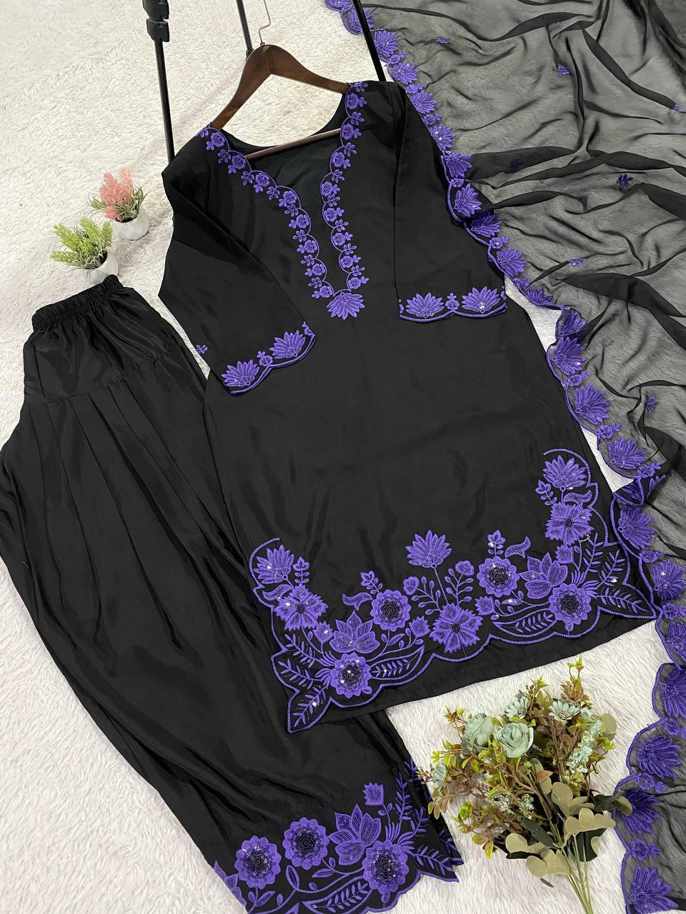 Purple Crape Silk Sequence Embroidery Suit With Organza Dupatta
