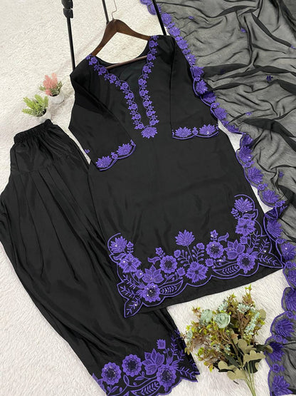 Purple Crape Silk Sequence Embroidery Suit With Organza Dupatta