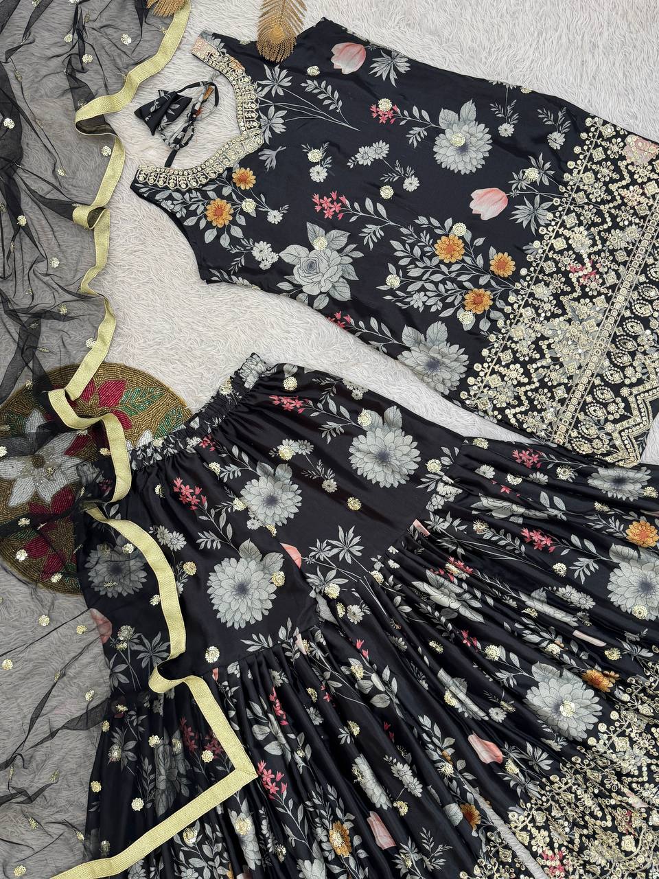 Chic Black Floral Printed Sharara Set with Gold Embroidered
