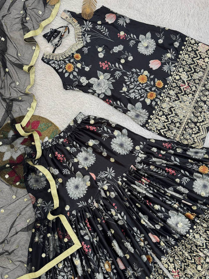 Chic Black Floral Printed Sharara Set with Gold Embroidered