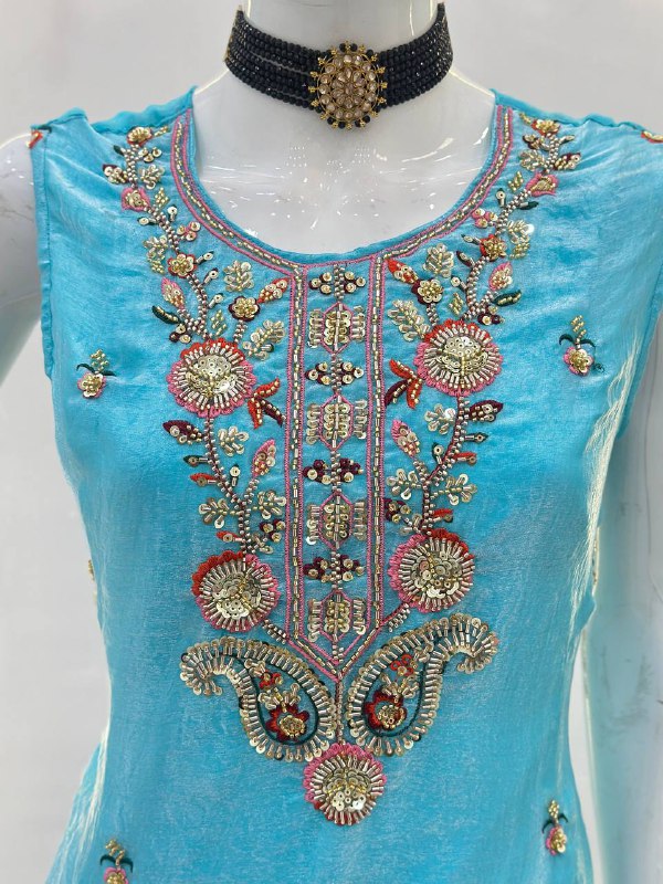 Sky Blue Beads And Sequin Embroidered Fendy Silk Kurti Set
