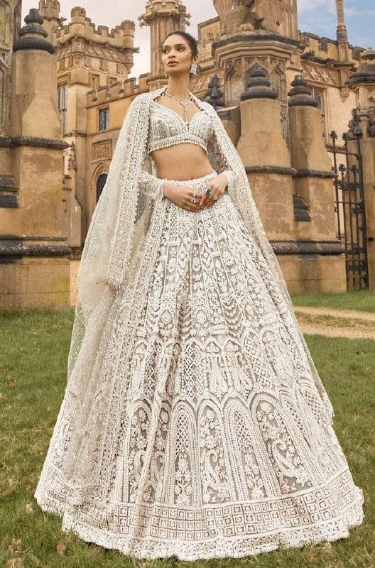 Elegant White Net Lehenga with Unstitched Blouse And Pearl Dupatta