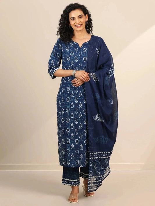 Navy Blue Cotton Printed Kurti Pant Set