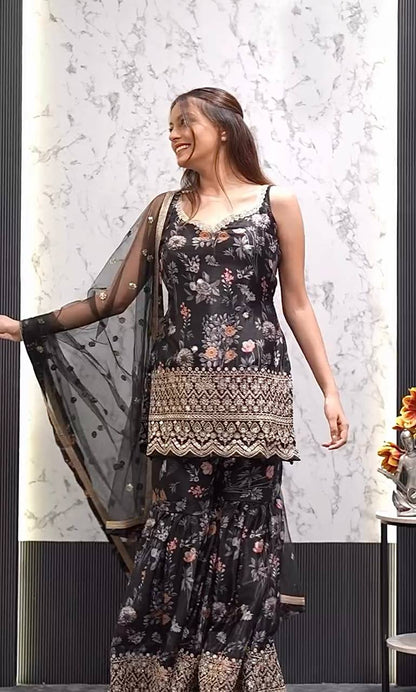Chic Black Floral Printed Sharara Set with Gold Embroidered