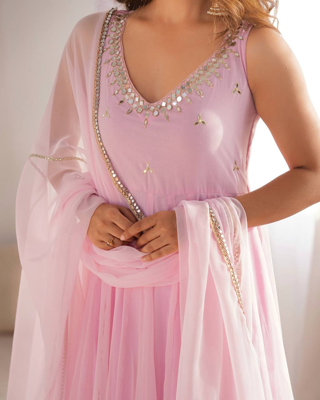 Baby Pink Plain Gergette Sleeveless Anarkali Kurti