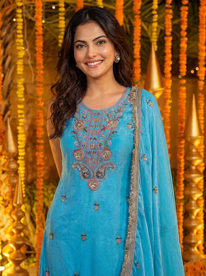 Sky Blue Beads And Sequin Embroidered Fendy Silk Kurti Set