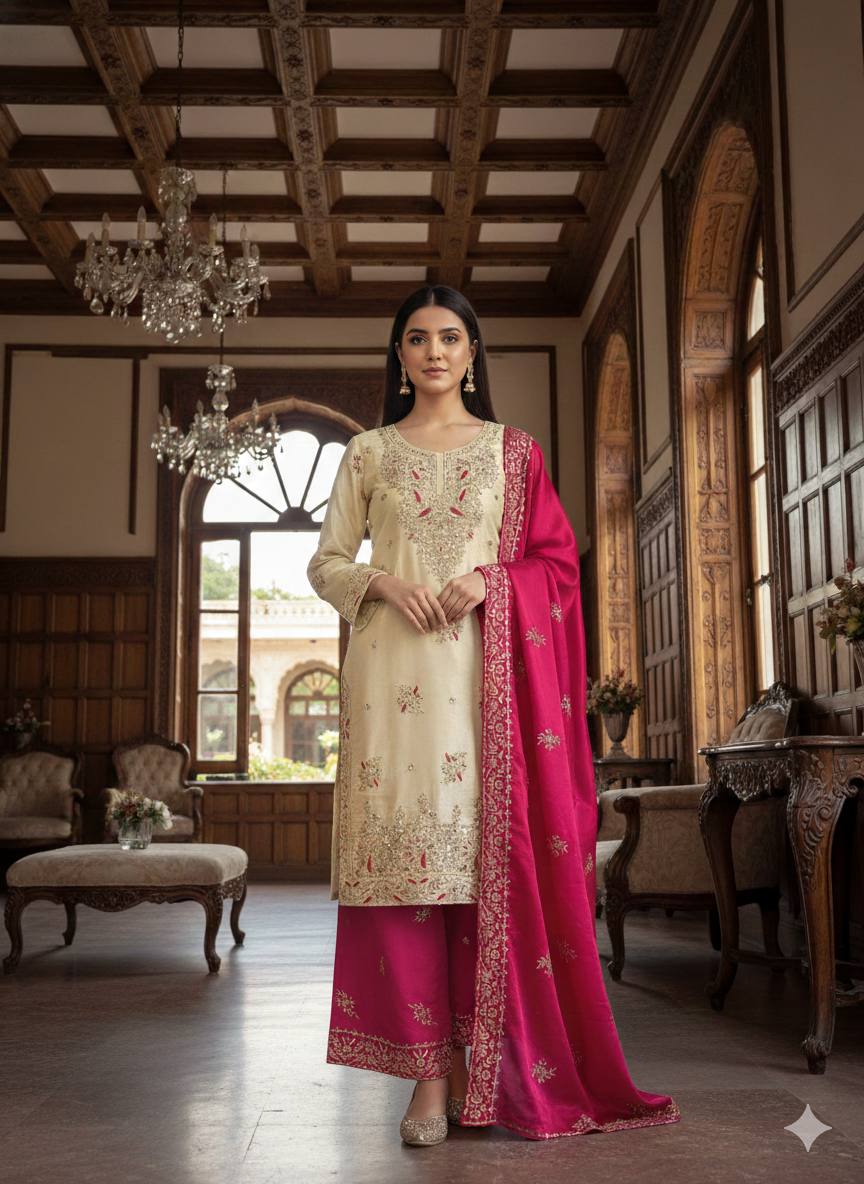 Cream And Pink Embroidered Palazzo Suit Set