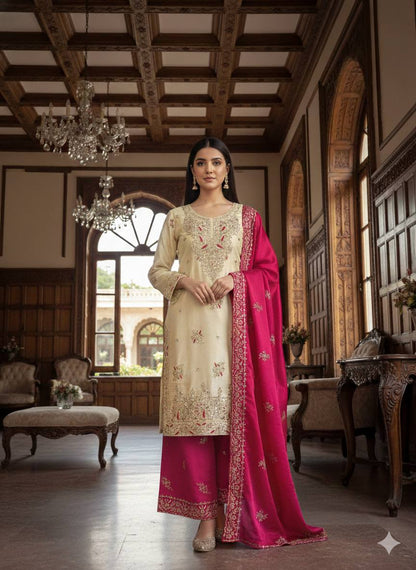 Cream And Pink Embroidered Palazzo Suit Set