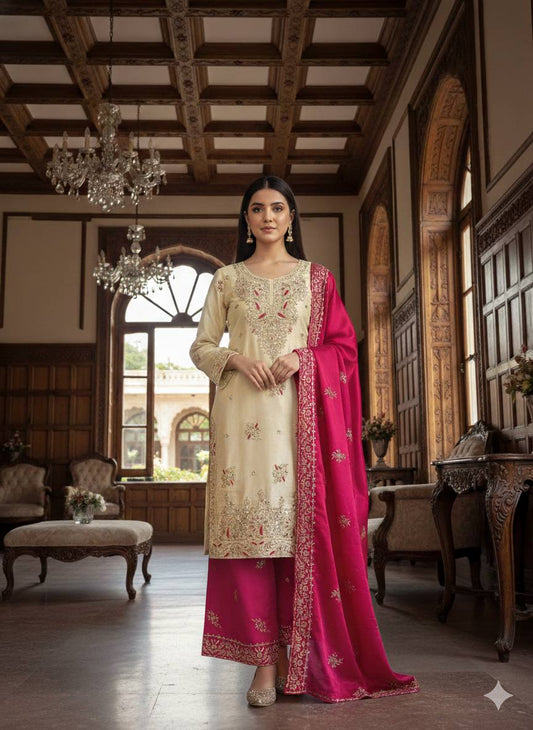 Cream And Pink Embroidered Palazzo Suit Set