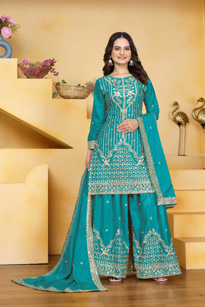 Sequence Embroidery Turquoise Sharara Suit Set