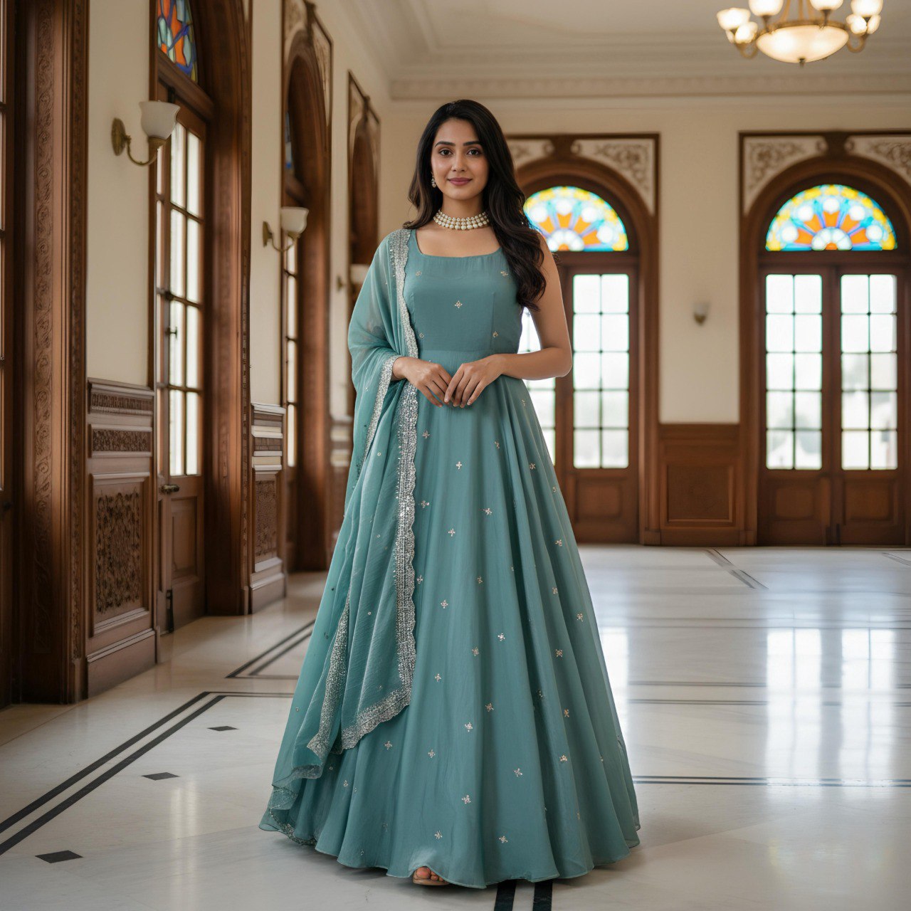 Elegance Fandy Satin Pastel Teal Anarkali Gown
