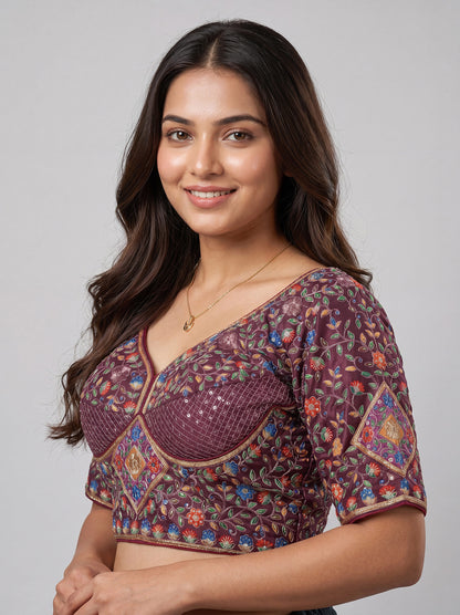 Designer Wine Viscose Readymade Blouse