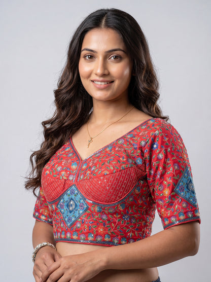 Rani Pink Embroidery Position Print Readymade Blouse