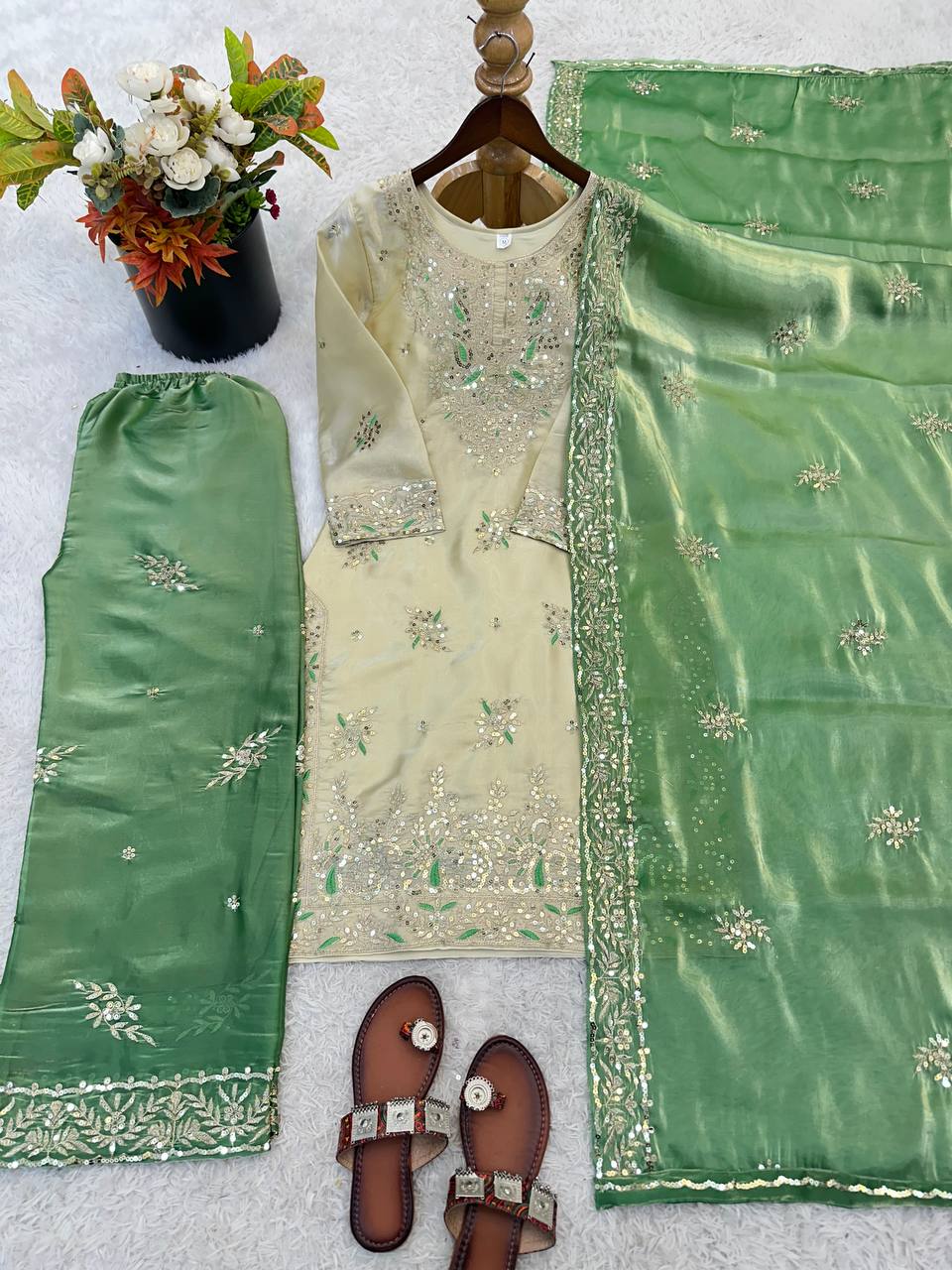 Full Sleeve Embroidered Kurti Palazzo with Dupatta
