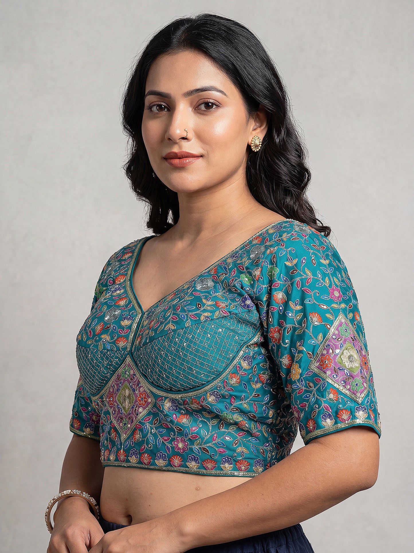 Rama Green Heavy Multicolor Embroidery Blouse