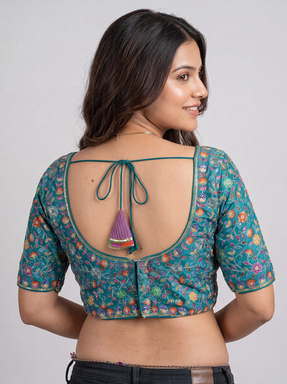 Rama Green Heavy Multicolor Embroidery Blouse