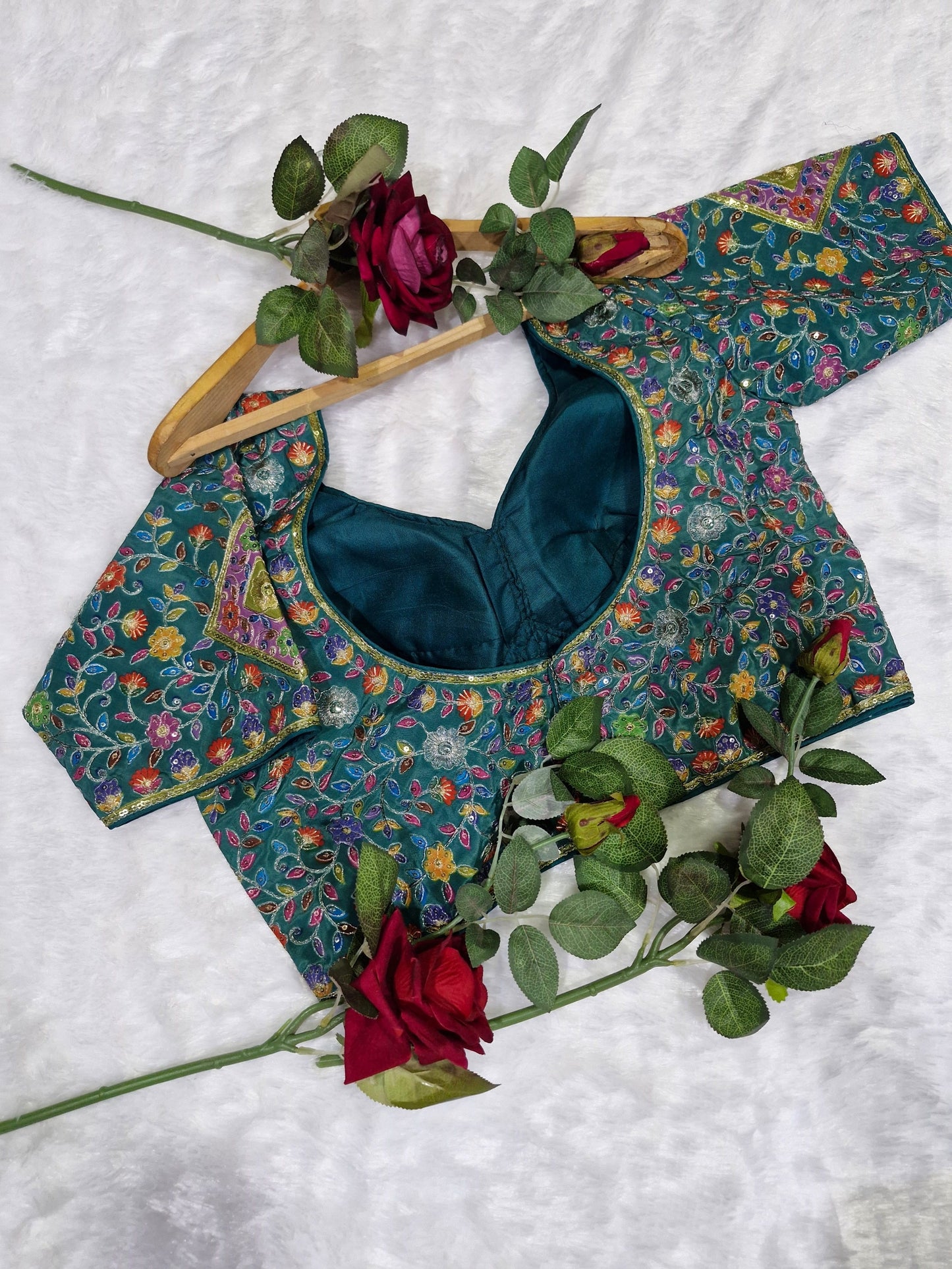 Rama Green Heavy Multicolor Embroidery Blouse