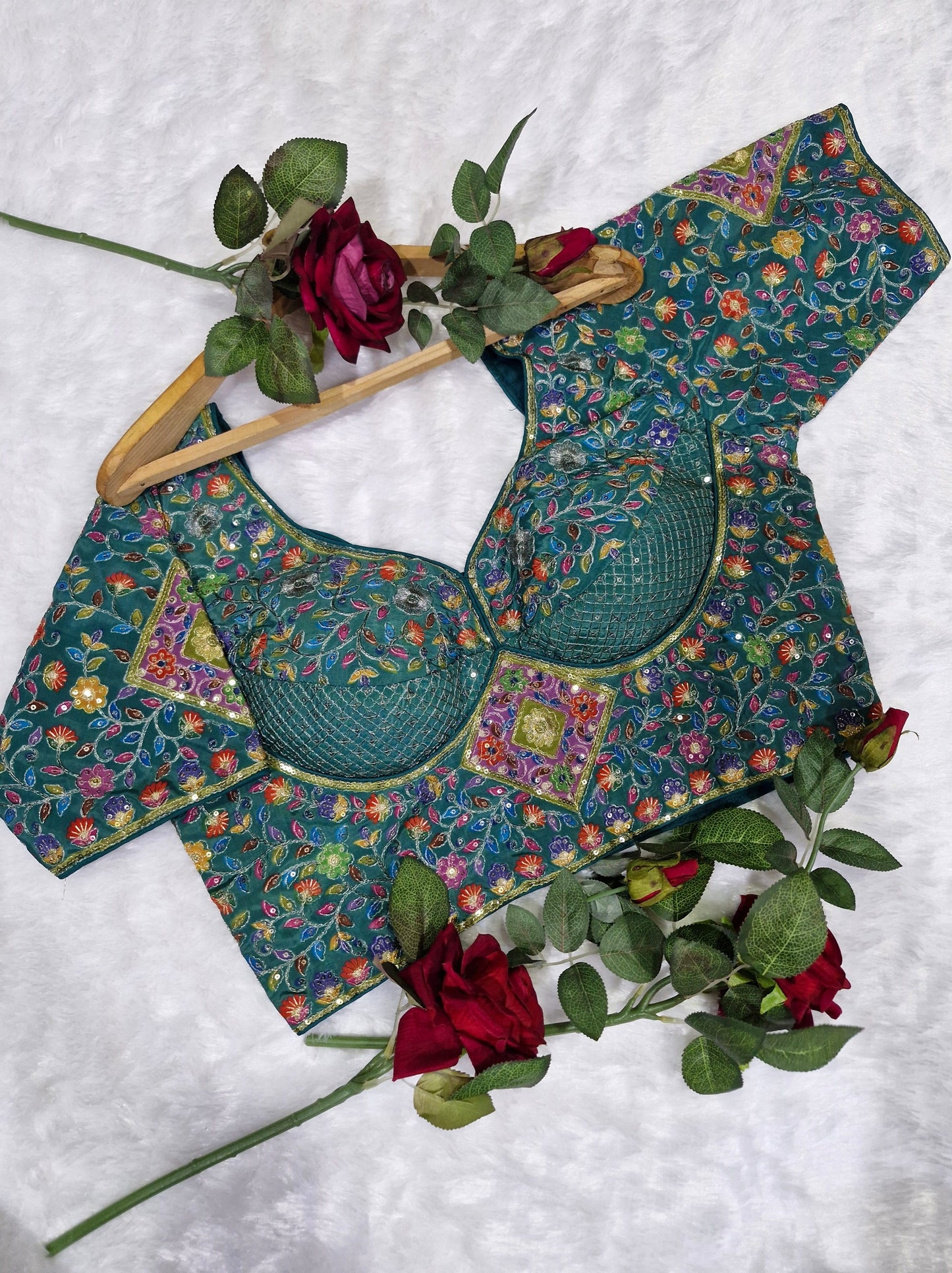 Rama Green Heavy Multicolor Embroidery Blouse