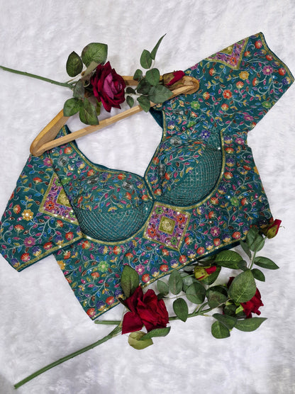 Rama Green Heavy Multicolor Embroidery Blouse