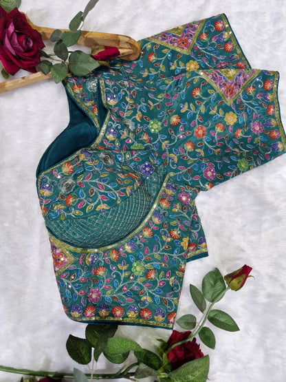 Rama Green Heavy Multicolor Embroidery Blouse