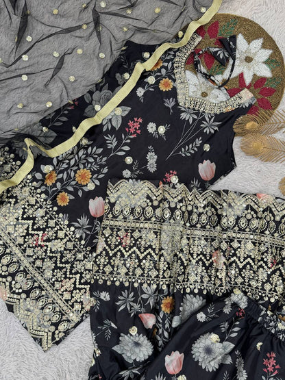 Chic Black Floral Printed Sharara Set with Gold Embroidered