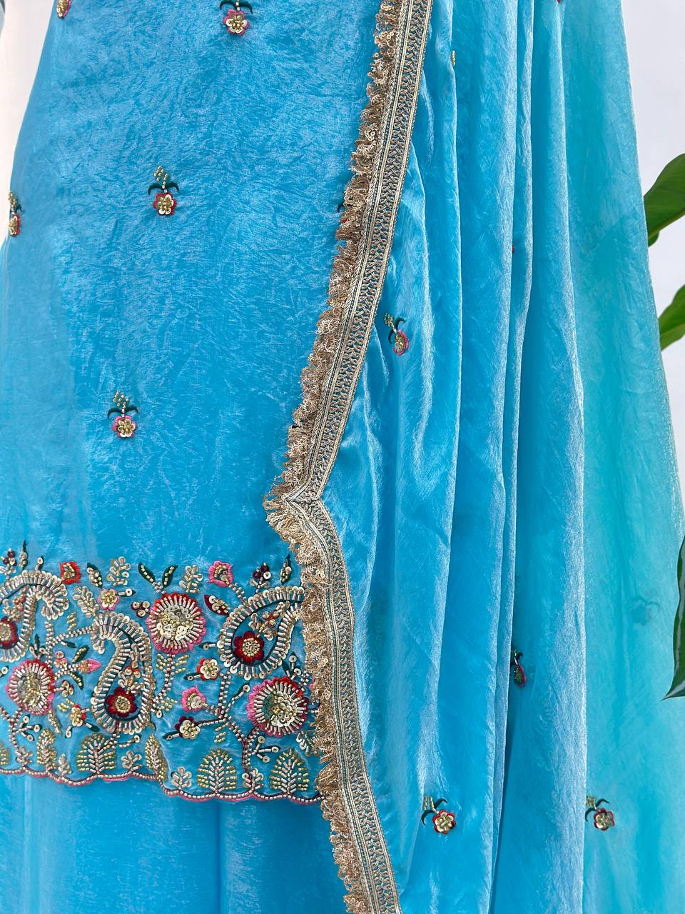Sky Blue Beads And Sequin Embroidered Fendy Silk Kurti Set