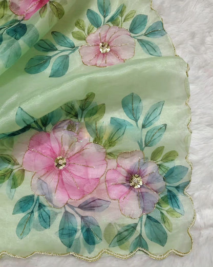 Green Flower Print Hand Work Saree