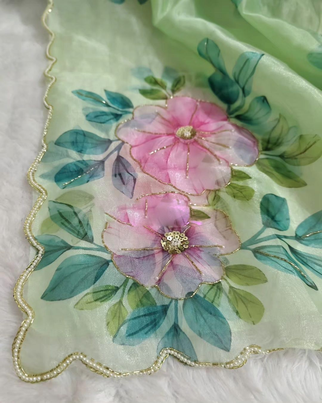 Green Flower Print Hand Work Saree